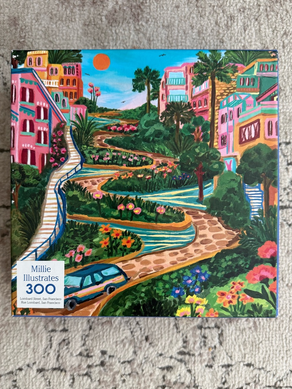 Lively Coastal Town Puzzle Art - Bright Pink & Teal